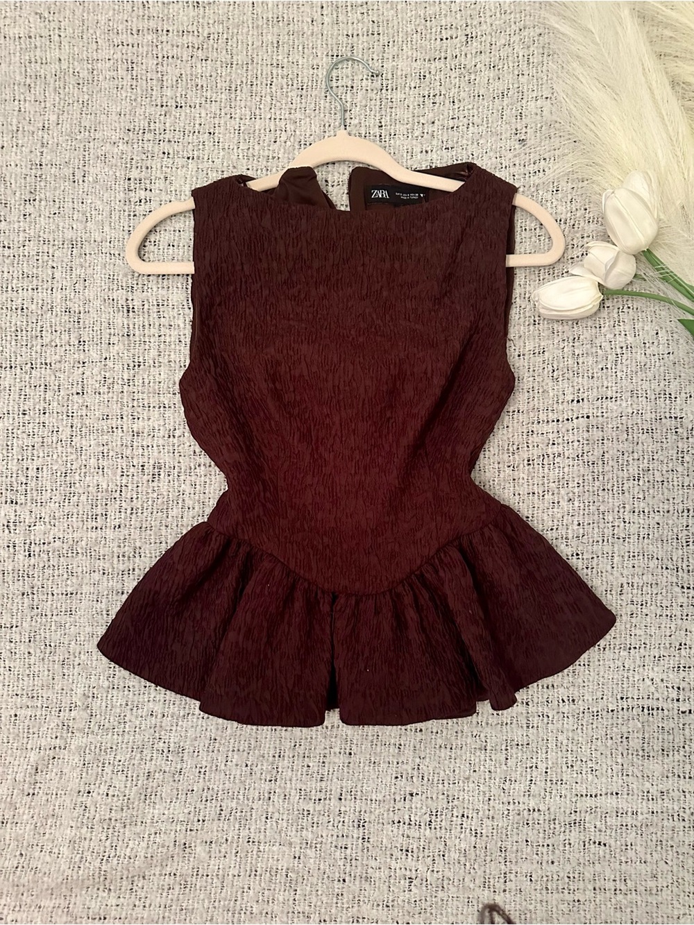 Zara Brown Textured Peplum Sleeveless Top